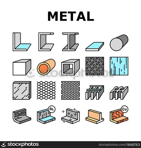 Metal Material Construction Beam Icons Set Vector. Pipe And Round Bar, Square And Diamond Plate, Angle And Brass, Expanded Sheet And Channel Metal Profile, Line. Color Illustrations. Metal Material Construction Beam Icons Set Vector