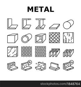 Metal Material Construction Beam Icons Set Vector. Pipe And Round Bar, Square And Diamond Plate, Angle And Brass, Expanded Sheet And Channel Metal Profile, Black Contour Illustrations. Metal Material Construction Beam Icons Set Vector