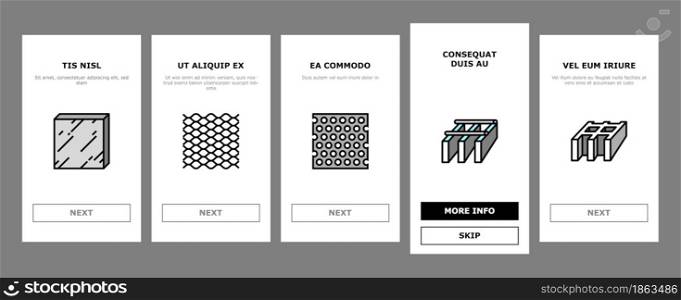 Metal Material Construction Beam Onboarding Mobile App Page Screen Vector. Pipe And Round Bar, Square And Diamond Plate, Angle And Brass, Expanded Sheet And Channel Metal Profile Illustrations. Metal Material Construction Beam Onboarding Icons Set Vector