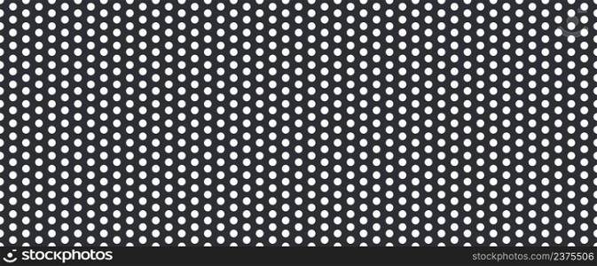Metal mesh. Pattern of perforated metal. Black mesh texture. Perforated steel. Circle hole in steel plate. Iron sieve. Seamless background. Vector.