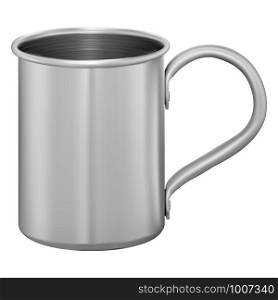 Metal mug. Stainless steel cup. Aluminum tin mockup for water, coffee, tea. Photorealistic design of thermal travel teacup with handle. 3d template blank. Vector container mock up. Metal mug. Stainless steel cup. Aluminum tin flask