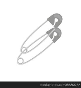 Metal Needles or Safety Pins Isolated. Metal needles or safety pins isolated on white background. First medical aid accessoires. Emergency equipment. Fixation element. Sterile silver chrome pins to fix bandage. Vector illustration