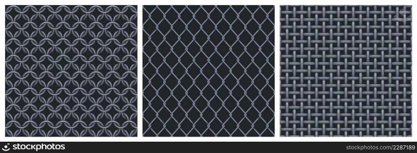 Metal net seamless patterns. Textures of iron grid, steel mesh from weave wire and rings for fence, chain armor, prison cage. Vector realistic illustration of metal lattice on black background. Metal net, steel mesh texture seamless patterns