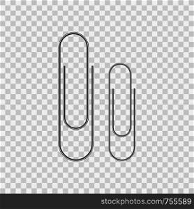 Metal paper clips isolated and attached to paper. Vector stock illustration.