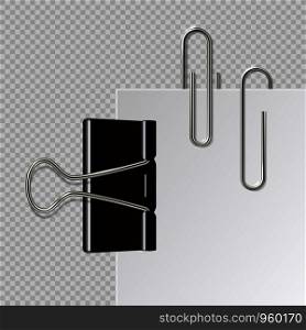 Metal paper clips. Realistic black binder paperclips isolated on white sheet. Vector illustration office steel fastener holder on transparent background. Metal paper clips. Realistic black binder paperclips isolated on white sheet. Vector illustration holder on transparent background