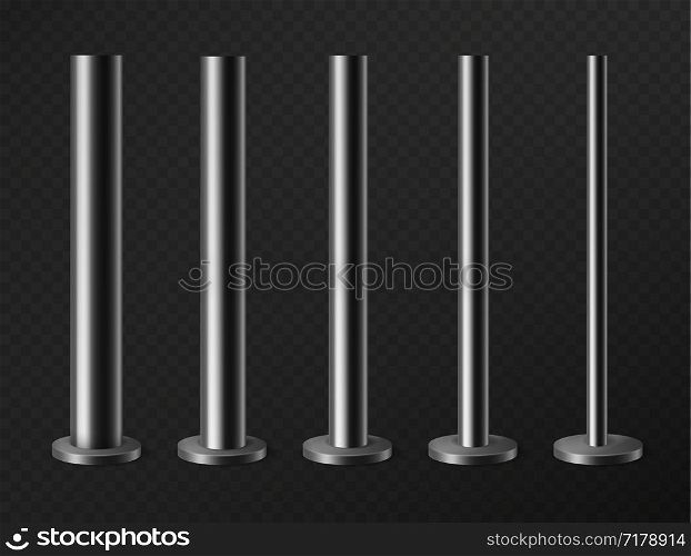 Metal pillars. Steel poles for urban advertising banners, streetlight and billboard. Steel columns in round section 3d vector pipes vertical mockup stand set. Metal pillars. Steel poles for urban advertising banners, streetlight and billboard. Steel columns in round section 3d vector set