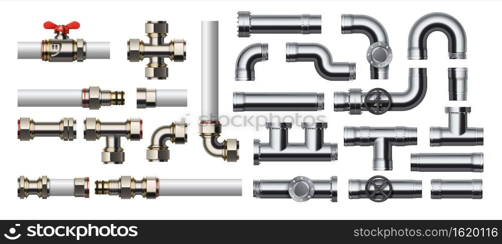 Metal pipeline. Realistic industrial conduit with connections and valves. 3D glossy stainless steel or white plastic tubes for water and gas. Pipe construction kit. Vector engineering plumbing system. Metal pipeline. Realistic industrial conduit with connections and valves. 3D stainless steel or plastic tubes for water and gas. Pipe construction kit. Vector engineering plumbing system