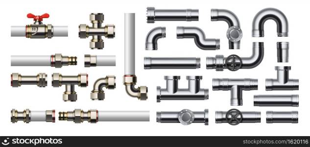 Metal pipeline. Realistic industrial conduit with connections and valves. 3D glossy stainless steel or white plastic tubes for water and gas. Pipe construction kit. Vector engineering plumbing system. Metal pipeline. Realistic industrial conduit with connections and valves. 3D stainless steel or plastic tubes for water and gas. Pipe construction kit. Vector engineering plumbing system