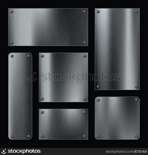 Metal plates. Steel plate, stainless panel chrome tag with screws. Industrial technology metallic blank realistic isolated template vector set. Metal plates. Steel plate, stainless panel chrome tag with screws. Industrial technology metallic blank realistic template vector set