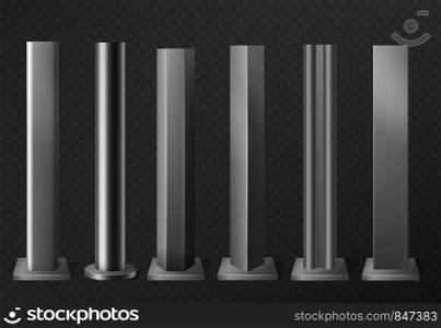 Metal poles. Metalic pillars for urban advertising sign and billboard. Polish steel columns in different section shapes 3d vector street base aluminum constructing set. Metal poles. Metalic pillars for urban advertising sign and billboard. Polish steel columns in different section shapes 3d vector set