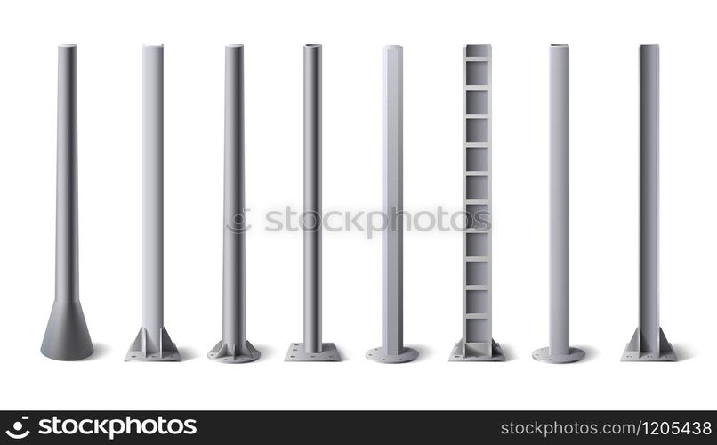 Metal poles. Steel construction pole, aluminum pipes and metal column vector illustration set. Bundle of metallic vertical pillars, posts, rails for upright support in construction and engineering.. Metal poles. Steel construction pole, aluminum pipes and metal column vector illustration set