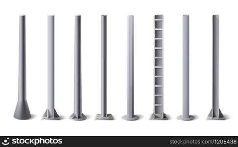 Metal poles. Steel construction pole, aluminum pipes and metal column vector illustration set. Bundle of metallic vertical pillars, posts, rails for upright support in construction and engineering.. Metal poles. Steel construction pole, aluminum pipes and metal column vector illustration set