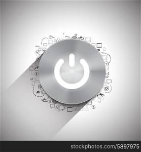 Metal power button with white light and other doodle design elements vector. Metal button with other doodle design elements