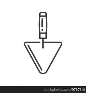 Metal putty knife isolated triangle spatula outline icon. Vector scraper, drywall trowel, repair tool knife with handle, wallpaper instrument. Triangular palette-knife, blade and handle linear sign. Triangle spatula isolated metal putty knife icon