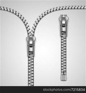 Metal realistic open and closed zipper template vector illustration