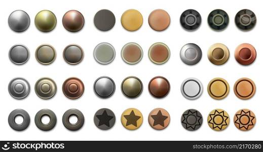 Metal rivets. Realistic antique bronze copper and steel round dress buttons. Vintage sewing metallic accessory. Top view of various dressmaking fasteners. Vector isolated clothing fasten elements set. Metal rivets. Realistic antique bronze copper and steel round dress buttons. Vintage sewing accessory. Top view of various dressmaking fasteners. Vector clothing fasten elements set