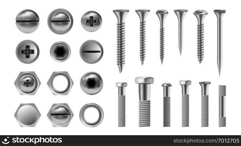 Metal Screw Set Vector. Stainless Bolt. Hardware Repair Tools. Head Icons. Nails, Rivets, Nuts Realistic Illustration. Metal Screw Set Vector. Stainless Bolt. Hardware Repair Tools. Head Icons. Nails, Rivets, Nuts. Realistic Isolated Illustration