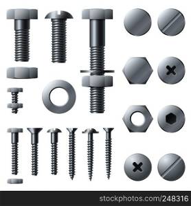 Metal screws. Bolt screw nut rivet head steel construction elements. Grey realistic bolts isolated vector set. Metal screws. Bolt screw nut rivet head steel construction elements. Realistic bolts isolated vector set