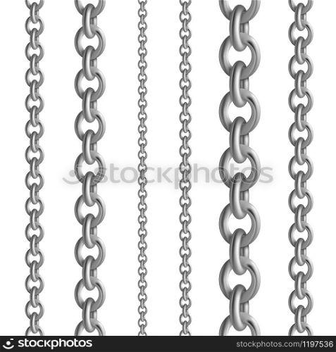 Metal seamless chain collections. Iron steel or silver chains set. Vector illustration metallic border on white background for elegant ladies dress. Metal seamless chain collections. Iron steel or silver chains set. Vector illustration metallic border on white background
