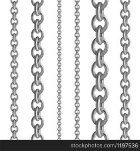 Metal seamless chain collections. Iron steel or silver chains set. Vector illustration metallic border on white background for elegant ladies dress. Metal seamless chain collections. Iron steel or silver chains set. Vector illustration metallic border on white background