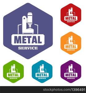 Metal service icons vector colorful hexahedron set collection isolated on white . Metal service icons vector hexahedron