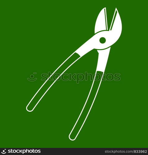 Metal shears icon white isolated on green background. Vector illustration. Metal shears icon green