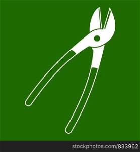 Metal shears icon white isolated on green background. Vector illustration. Metal shears icon green