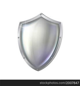 Metal shield protect. Defense background. Secure award. Silver cover. 3d realistic vector. Metal shield protect