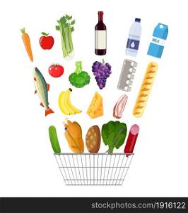 Metal shopping basket full of groceries products. Grocery store. Fresh organic food and drinks. Vector illustration in flat style. shopping basket full of groceries products.