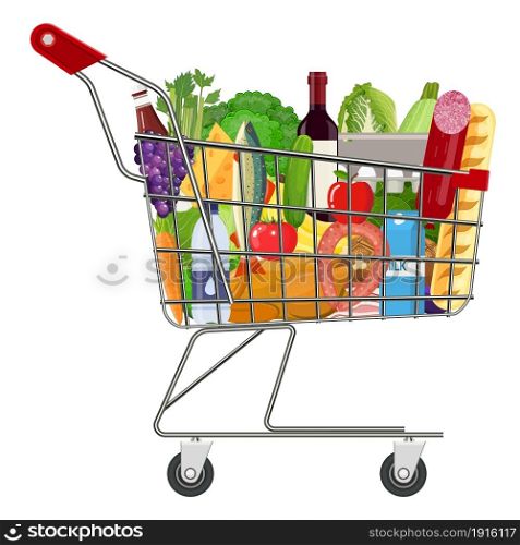 Metal shopping cart full of groceries products. Grocery store. vector illustration in flat style.. Metal shopping cart full of groceries products.