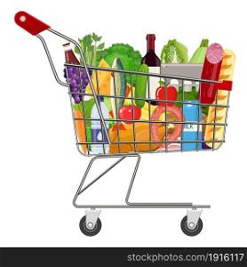 Metal shopping cart full of groceries products. Grocery store. vector illustration in flat style.. Metal shopping cart full of groceries products.