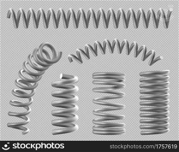 Metal springs, realistic coils for bed or car, flexible spiral parts set isolated on transparent background. Steel industrial or mechanic garage equipment objects, 3d vector illustration, clip art. Metal springs, realistic coils for bed or car set