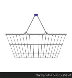 metal supermarket basket with blue plastic handles. vector illustration in flat style. metal supermarket basket