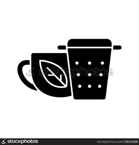 Metal tea infuser, strainer black glyph icon. Device for tea brewing. Put leaves into utensil to make beverage. Mesh container. Silhouette symbol on white space. Vector isolated illustration. Metal tea infuser, strainer black glyph icon
