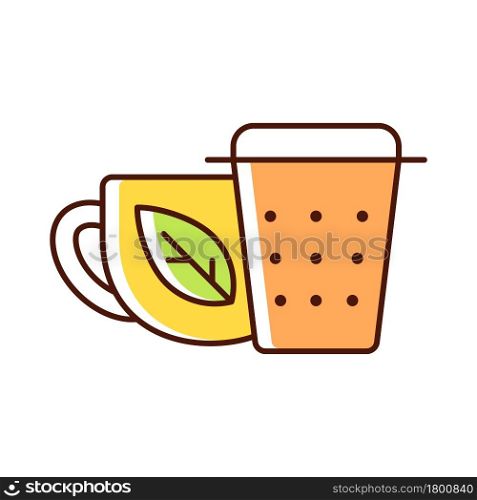 Metal tea infuser, strainer RGB color icon. Device for tea brewing. Put leaves into utensil to make beverage. Mesh container. Isolated vector illustration. Simple filled line drawing. Metal tea infuser, strainer RGB color icon
