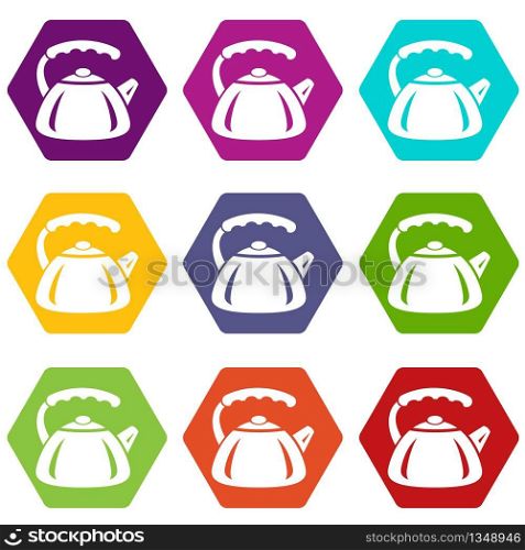 Metal teapot icons 9 set coloful isolated on white for web. Metal teapot icons set 9 vector