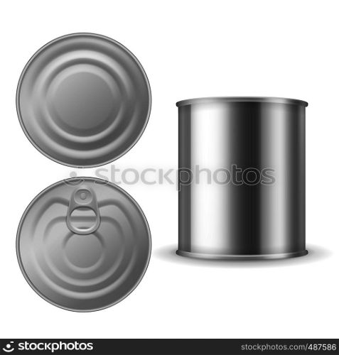 Metal tin can. Canned foods mockup, aluminium steel package closed with ring pull, realistic silver blank vector isolated packaging template. Metal tin can. Canned foods mockup, aluminium steel package closed with ring pull, realistic silver blank vector isolated template
