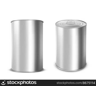 Metal tin can for food front and angle view. Vector realistic mockup of blank aluminum container with ring pull on lid. Round steel canister for soup, milk, beans or meat isolated on white background. Metal tin can for food with ring pull on lid