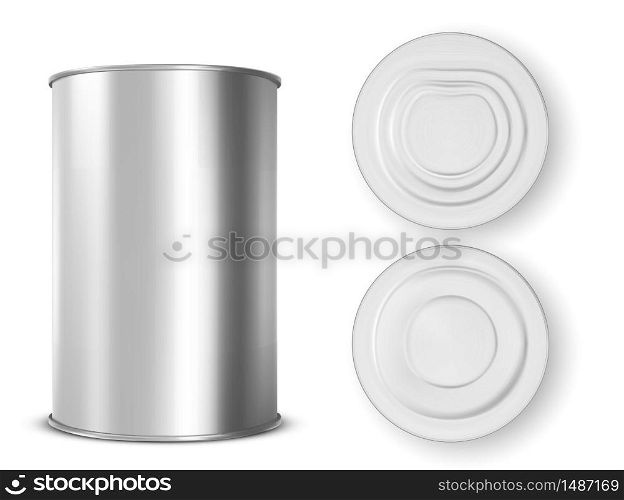 Metal tin can for food front, top and bottom view. Vector realistic mockup of blank aluminum container, round steel pack for soup, milk, beans or meat isolated on white background. Metal tin can for food front, top and bottom view