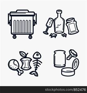 Metal trash can and dirty rubbish. Broken bottle and glass, used empty jars, fish skeleton, apple remnants and bitten chicken leg isolated cartoon flat vector illustrations set on white background.. Trash can and rubbish isolated monochrome illustrations set