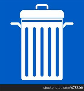 Metal trash can icon white isolated on blue background vector illustration. Metal trash can icon white