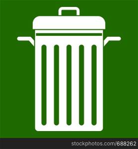 Metal trash can icon white isolated on green background. Vector illustration. Metal trash can icon green