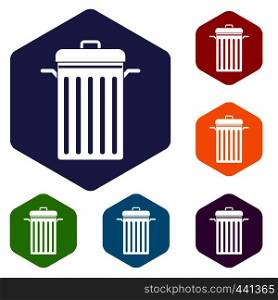 Metal trash can icons set hexagon isolated vector illustration. Metal trash can icons set hexagon