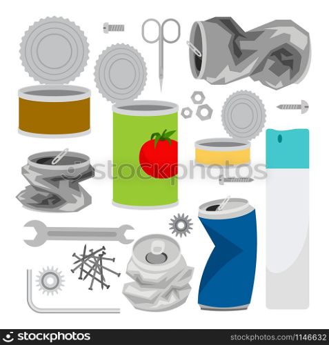 Metal trash vector icons collection, with cans and spray container, nails and scissors. Metal trash icons collection