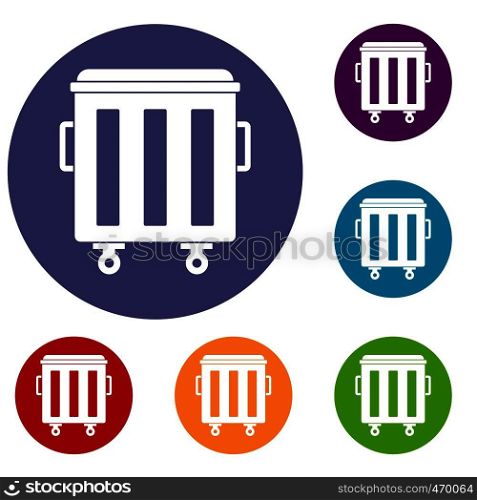Metal trashcan icons set in flat circle reb, blue and green color for web. Metal trashcan icons set