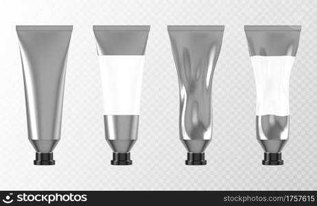 Metal tube for hand cream or paints 3d mockup front view, aluminium or silver colored packaging with blank label and black cap. Full, used cosmetics product, glue or toothpaste pack, Realistic vector. Metal tube for hand cream or paints 3d mockup