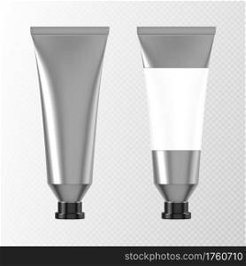 Metal tube for hand cream or paints 3d mockup front view, aluminium or silver colored packaging with blank label and black cap. Cosmetics product, glue or toothpaste pack, Realistic vector mock up. Metal tube for hand cream or paints 3d mockup