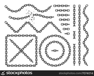 Metal vector chains isolated. Chrome chain icons and brushes set. Chain broken link, strong line connection chain illustration. Metal vector chains isolated. Chrome chain icons and brushes set