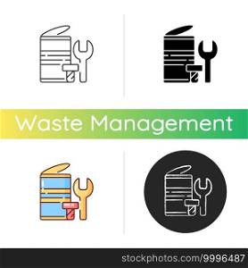 Metal waste icon. Scrap iron and aluminium components. Drink cans. Spent battery casings. Ferrous and non-ferrous metals. Linear black and RGB color styles. Isolated vector illustrations. Metal waste icon