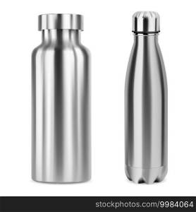 Metal whater bottle. Stainless steel bottles mockup isolated on white. Aluminum thermo flask blank, c&ing product. Silver metal tin for brand promotion. Empty can template, glossy package. Metal whater bottle. Stainless steel bottle mockup